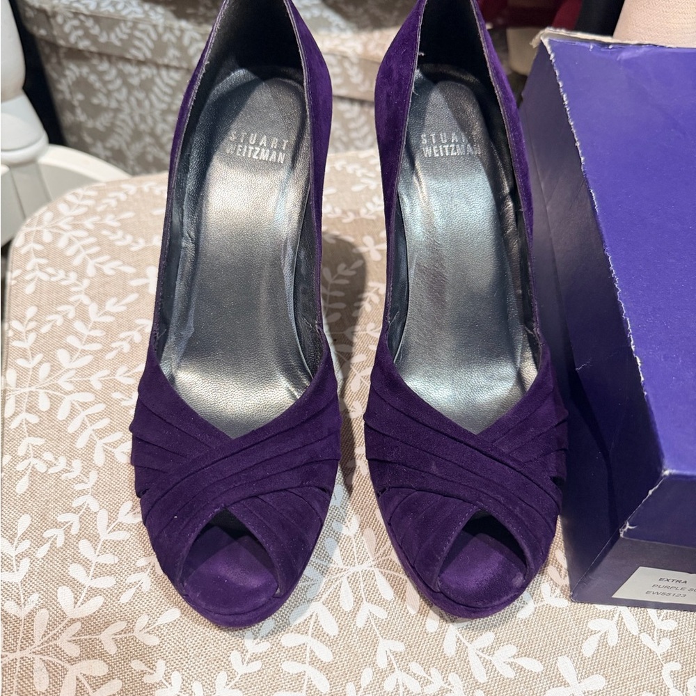 Stuart Weitzman Purple Suede Peep-Toe Platform Heels